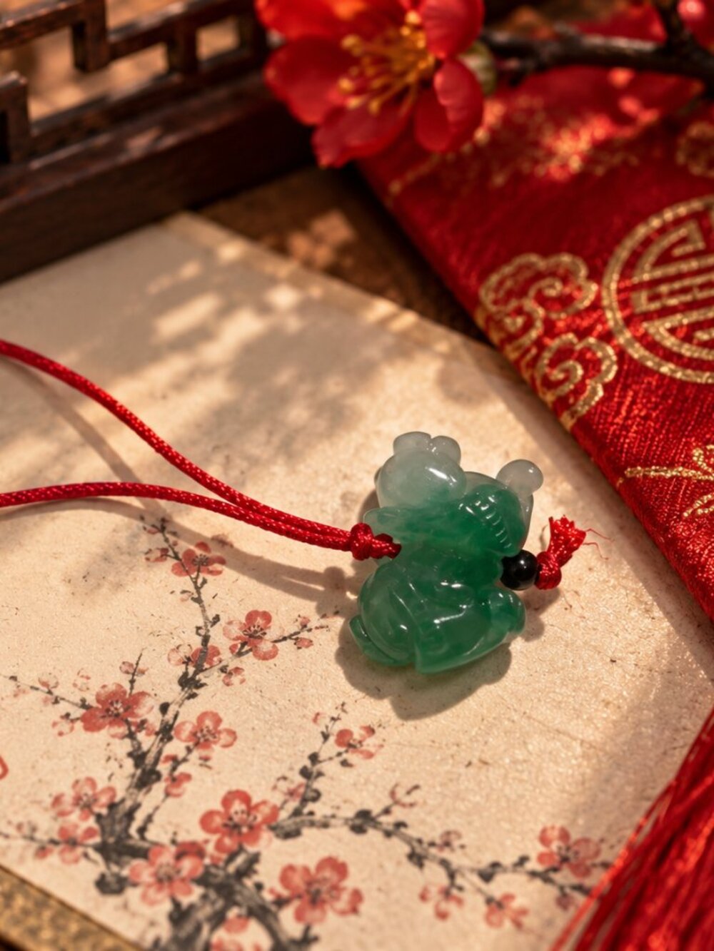 Carved Jadeite Jade Animal Charm Pendant on Red Cord | Feng Shui Lucky Mascot